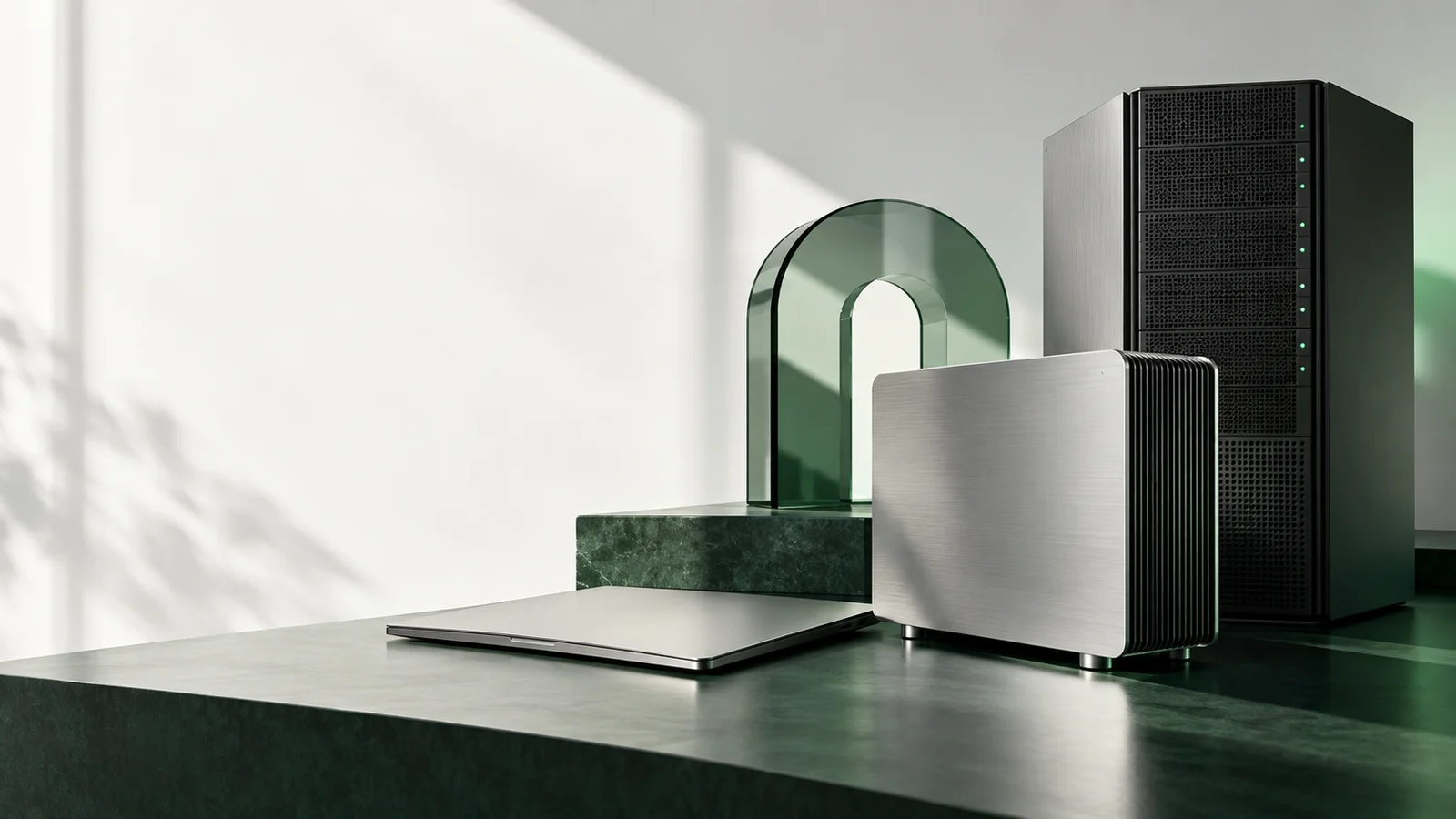 Composition de matériel informatique en aluminium et verre vert