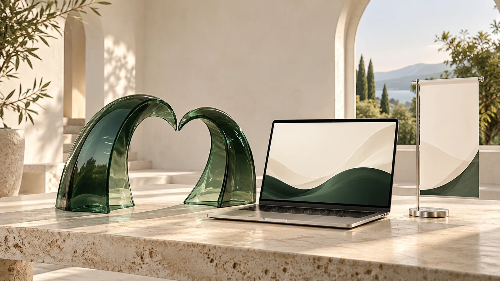 Arches de verre vert réunies, ordinateur et bannière illustrant un partenariat communautaire
