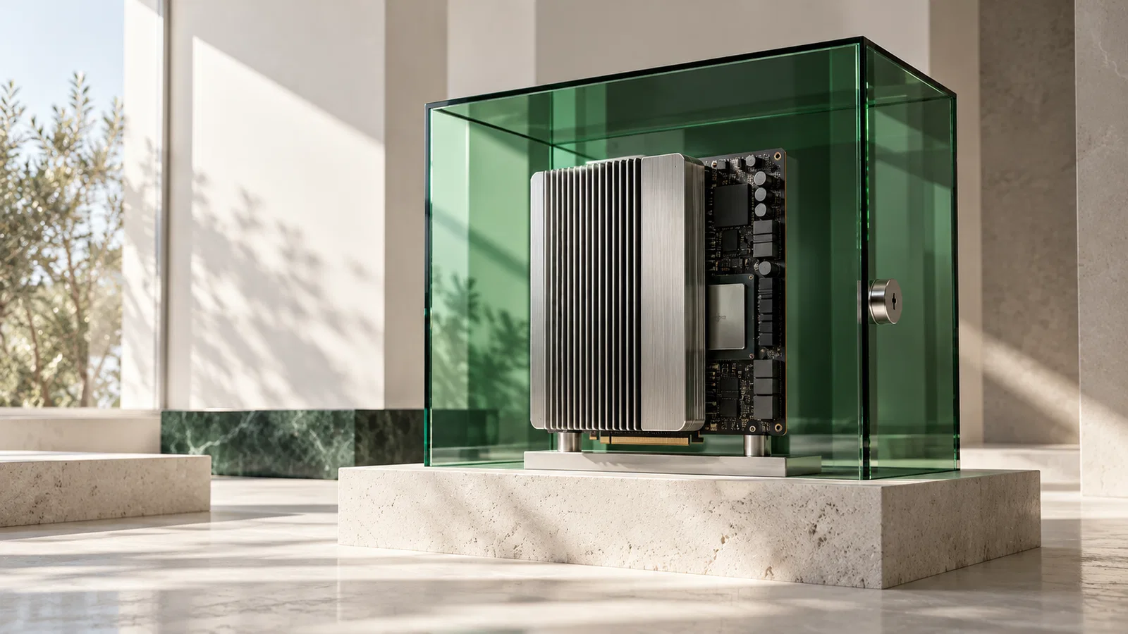 Carte de calcul GPU dans une enceinte de verre vert illustrant l’IA privée