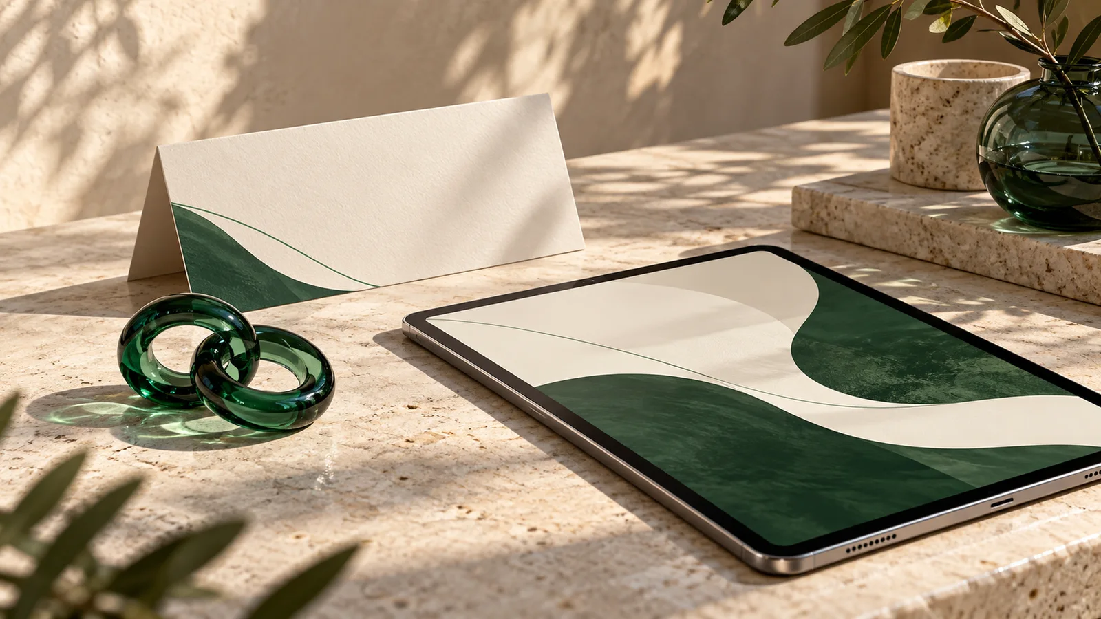 Banner, tablet and green glass rings illustrating a collaboration