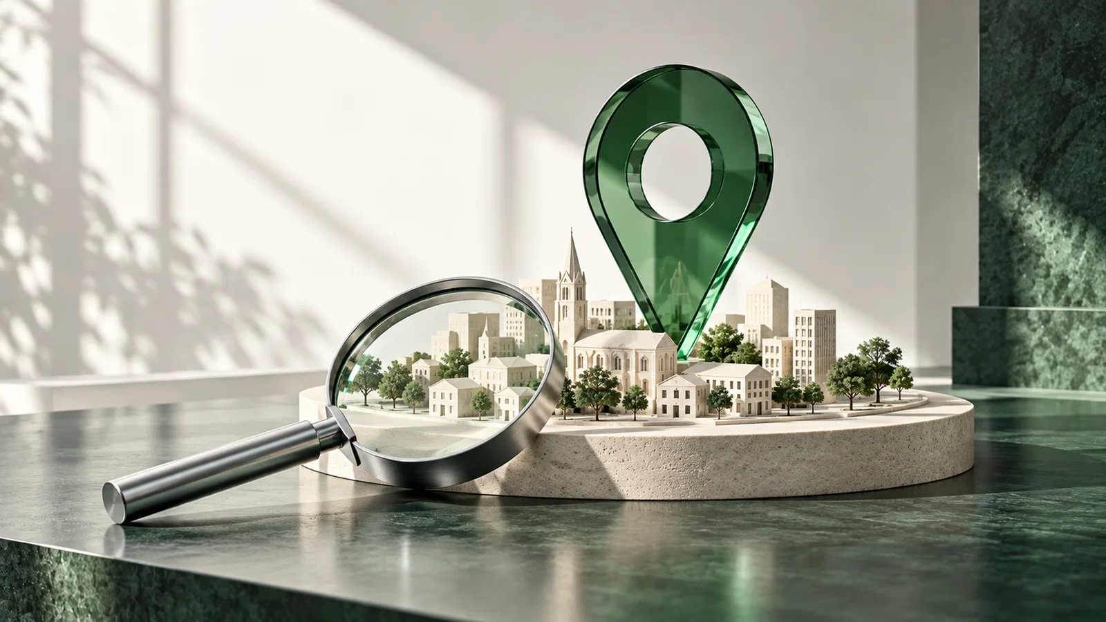 Repère local et loupe au-dessus d’une maquette urbaine