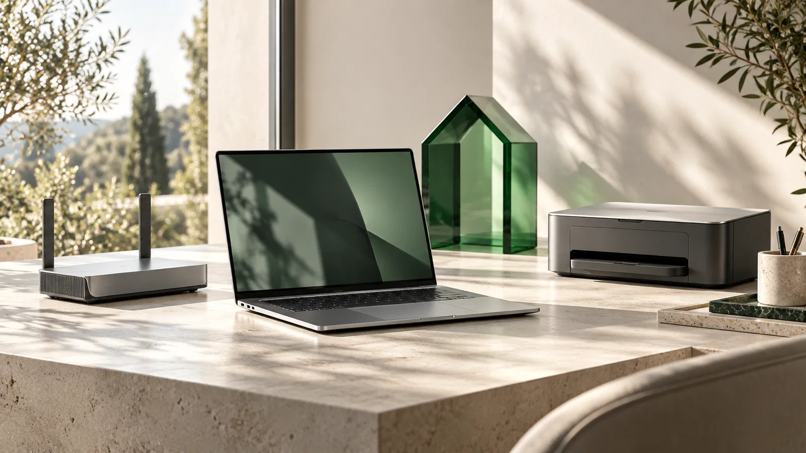 Espace informatique à domicile avec ordinateur et appareils connectés