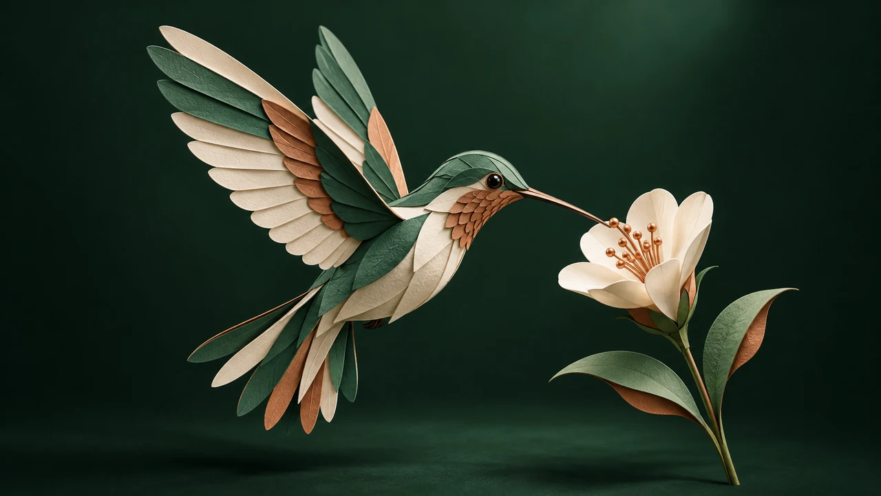 Colibri en papier vert, sauge et cuivre : illustration originale