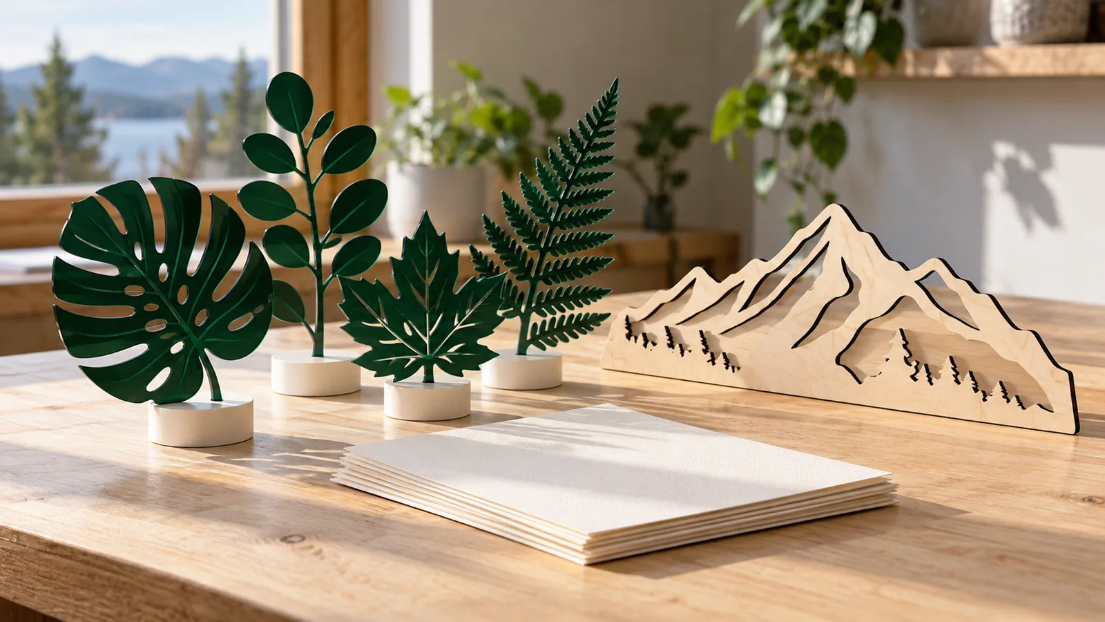 Objets graphiques découpés en bois et en acrylique vert sur une table d’atelier lumineuse