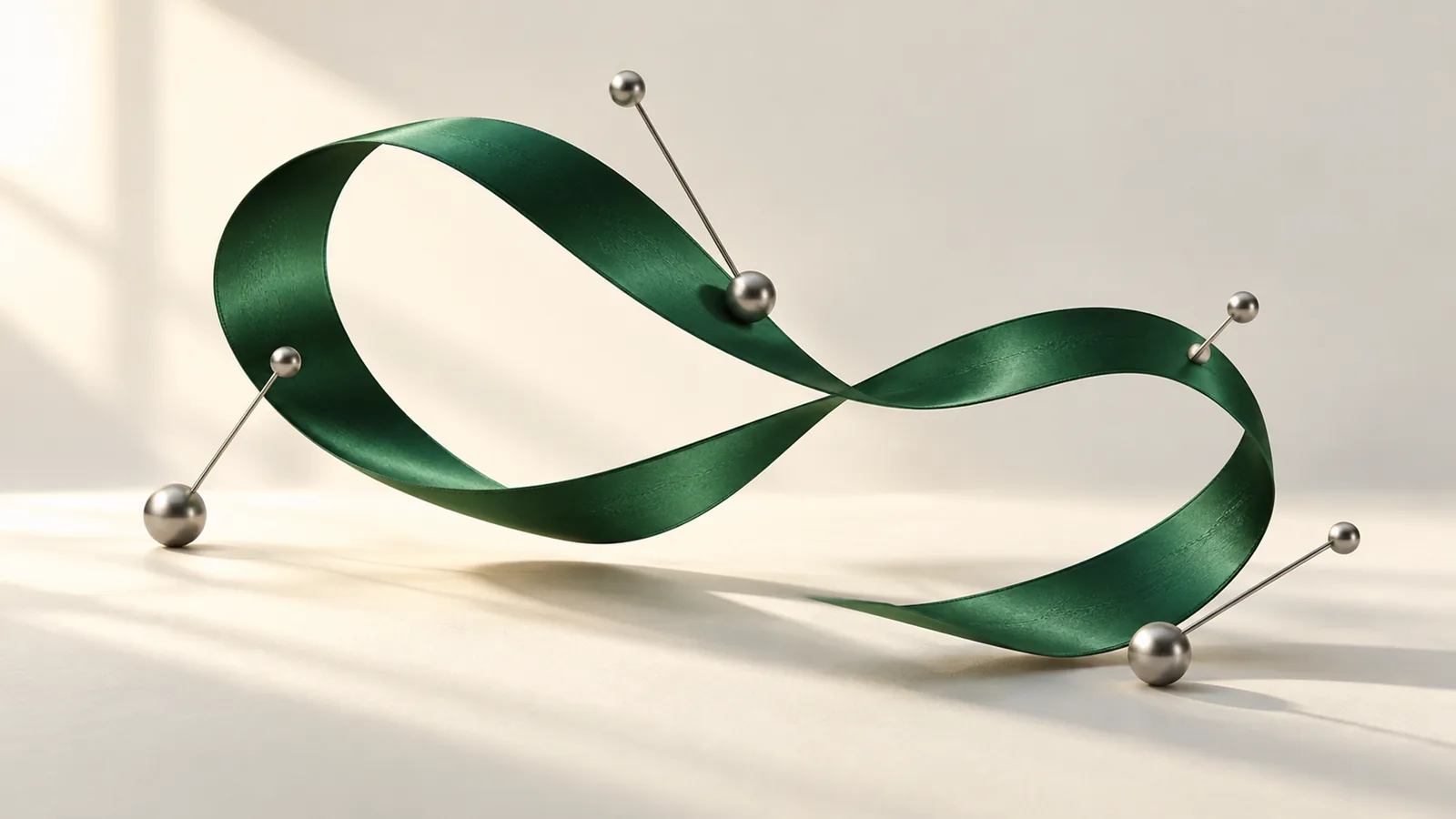 Ruban sculptural vert forêt, courbes souples et ancrages en aluminium sur fond ivoire