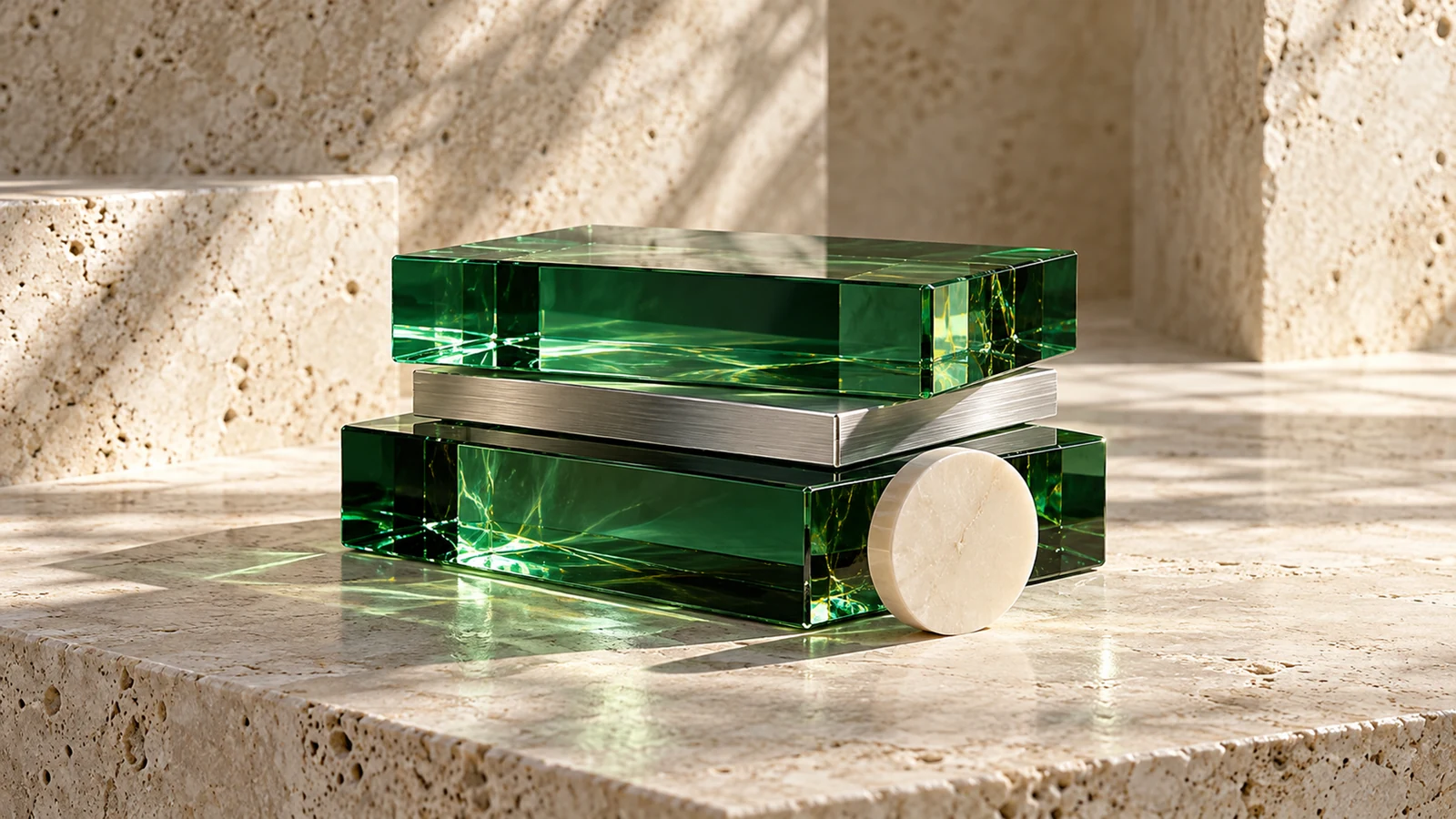 Composition de plaques de verre émeraude et d’aluminium, traversée par la lumière sur une pierre ivoire